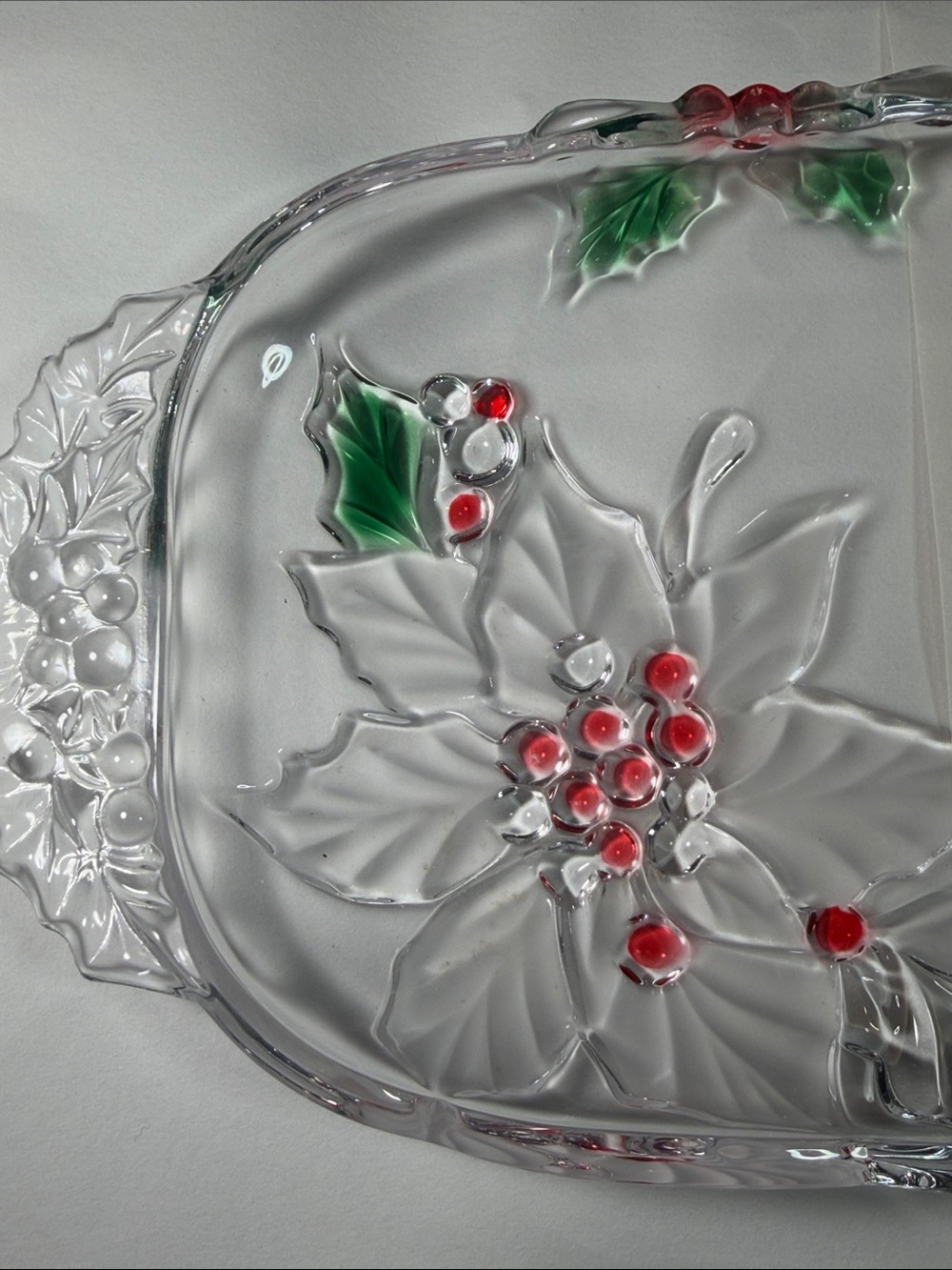 Clear Poinsettia Glass Serving Tray with Red and Green Accents - Picture 2 of 7